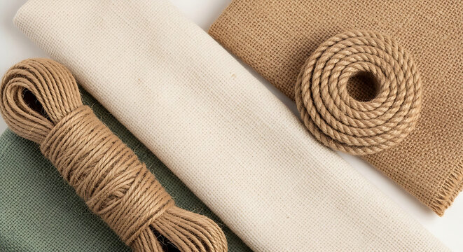 Rolled natural canvas fabric and coiled jute rope placed on textured burlap and green fabric