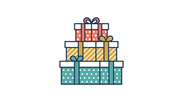 A stack of three colorful gift boxes with decorative ribbons on a white background
