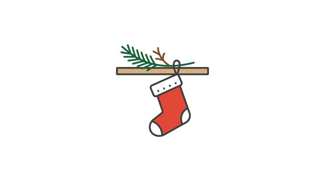 A simple vector illustration of a red holiday stocking hanging from a wooden shelf