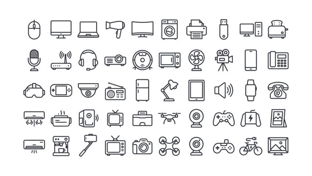 Collection of various technology and media icons on white background for design and communication purposes  modern tech symbols