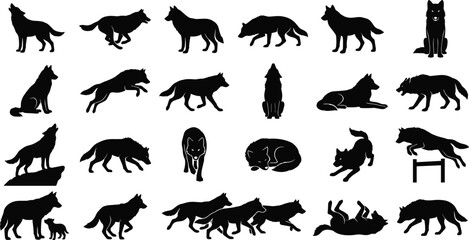 Wolf Silhouettes Set: Wolf Pack in Various Poses, Howling, Running, Hunting, and Sitting Vector Illustration © Hello World