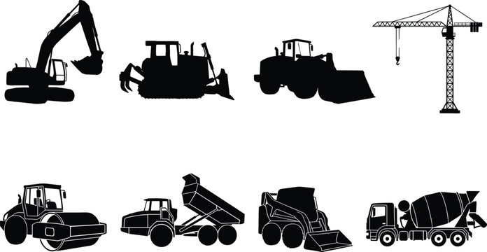 Heavy construction machinery and vehicles vector silhouette icon set featuring excavator, bulldozer, crane, and dump truck.