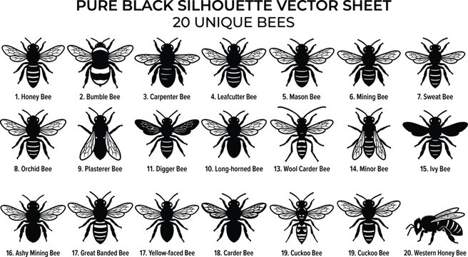 Set of 20 Unique Bee Silhouette Vector Icons for Nature and Insect Design