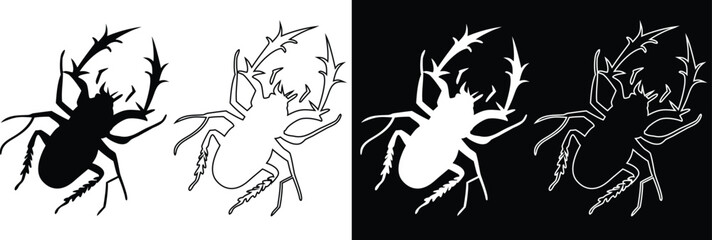 Minimalist stag beetle insect vector line art icon set in black and white positive negative space variations © Md