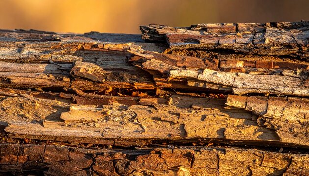 Close-up macro photography of weathered tree bark texture showing organic decay and natural wood patterns in warm sunset light