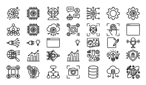 Modern Artificial Intelligence Outline Icons Collection for AI Technology and Automation Vector