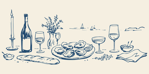 Oyster Dinner Table Hand Drawn Vector Illustration © Victoria
