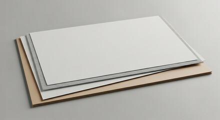 Fototapeta premium Stack of rectangular paper sheets in white, grey, and brown kraft colors on a light grey surface