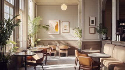 Fototapeta premium Sunlit Cafe Interior Design: Elegant Space with Natural Light and Plants