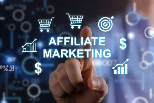 A hand pointing to affiliate marketing icons on a digital interface with graphs and charts in the background.