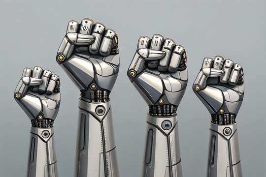Shiny metallic robotic hands raised high in a powerful clenched fist gesture representing strength and advanced technology in this detailed high resolution digital art illustration piece