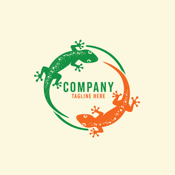 Circular logo featuring two geckos intertwined, green and orange