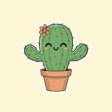 Cute animated cactus in flowerpot with smiling face and pink flower