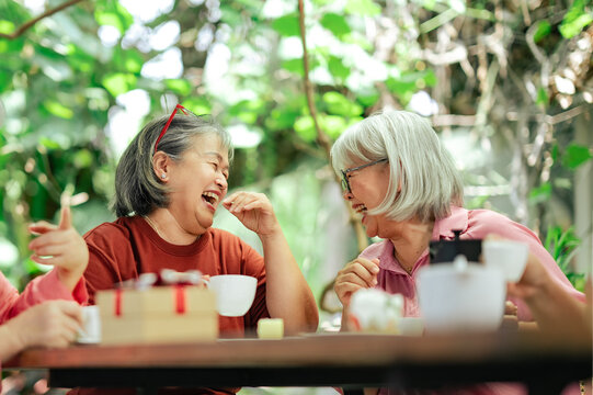 Senior women laughing together at cafe. Friends gathering over coffee, retirement lifestyle, conversation, social connection, friendship, community, coffee break, daily life.