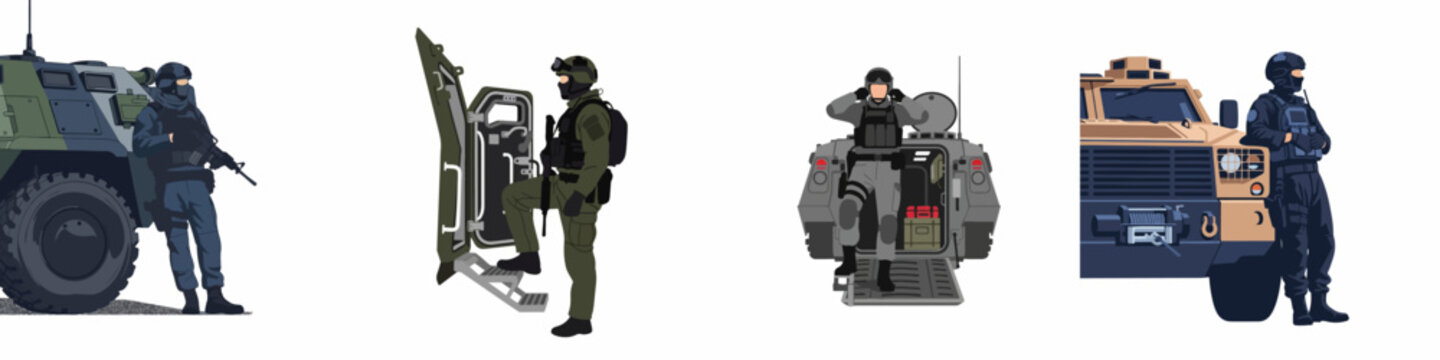 Flat vector illustrations of soldiers in tactical gear posing with various armored military and police vehicles on a white background.