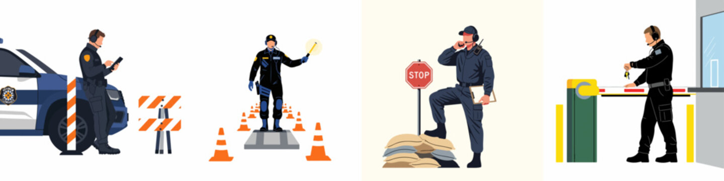 Set of professional security guards and officers performing various duties including patrolling, traffic control, and monitoring checkpoints in flat illustration style.