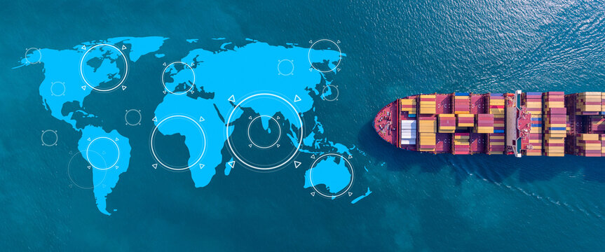 Aerial view container cargo ship with world map network, Container cargo ship in import export logistic freight shipping, Business logistics transportation international by container cargo ship.