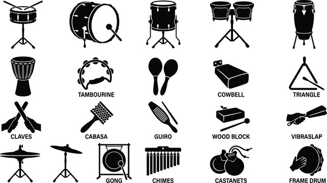 Percussion Musical Instruments Vector Icon Set