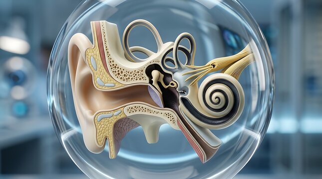 A detailed anatomical cross-section of the human ear, showing its complex internal structures, encased in a clear sphere in a medical or scientific setting.