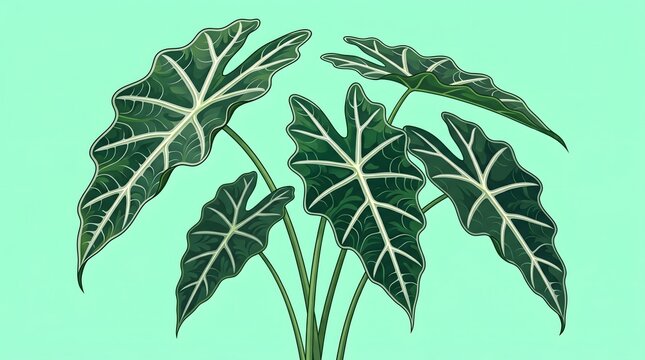 Tropical Elephant Ear Houseplant Illustration with Distinctive White Veins and Green Foliage