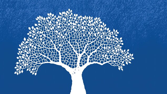 Majestic white tree spreading dense canopy and sturdy trunk, set on solid dark blue, perfect for symbolic art and wall prints.