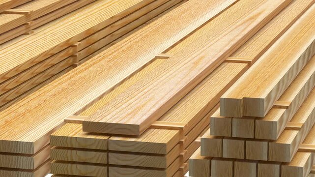 Camera glides across stacks of light wooden lumber boards and square timber pieces arranged in neat piles on a white background, 3D render