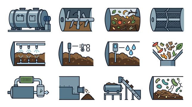 A collection of vector icons illustrating the industrial composting process and organic waste management
