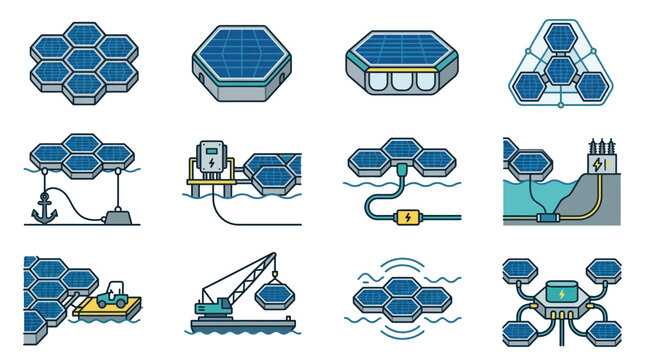 A collection of vector icons depicting floating solar energy panels on water