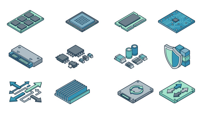A collection of various isometric computer hardware components and electronic circuit icons
