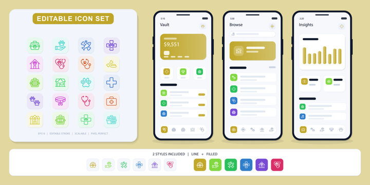 Pet care app ui ux screens for vault browse and insights with editable line and filled animal icons for veterinary services.