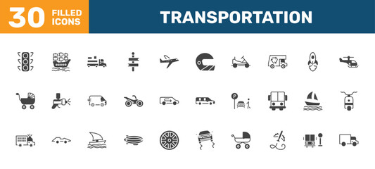 Obraz premium transportation icon set with car traffic, galleon, loaded truck side view, trucking signs in filled style. solid icons for ui, web and printing
