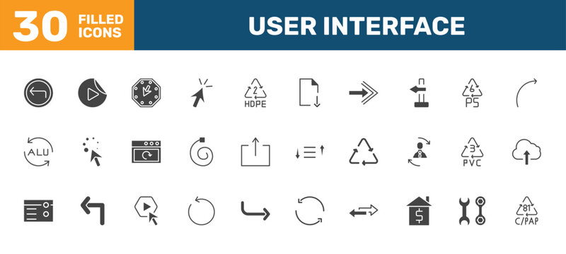 user interface icon set with arrow address back, video play, corner widget, c/pap 81 signs in filled style. solid icons for ui, web and printing