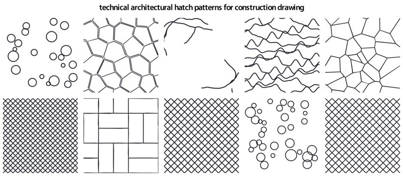Professional set of technical architectural hatch patterns for construction drawings and detailed structural engineering documentation