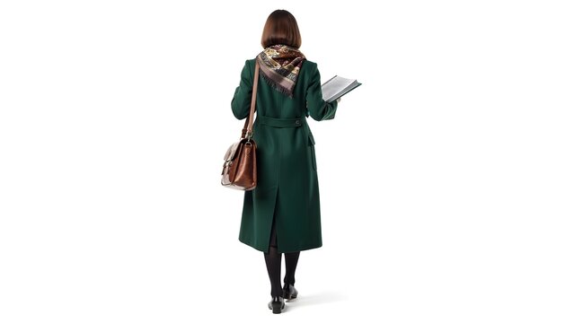 Realistic Photo From Behind of Woman in Green Jacket Walking Carrying Book and Sling Bag, Anonymous Female Student Traveling on City Street, Trendy Lifestyle Background Copy Space