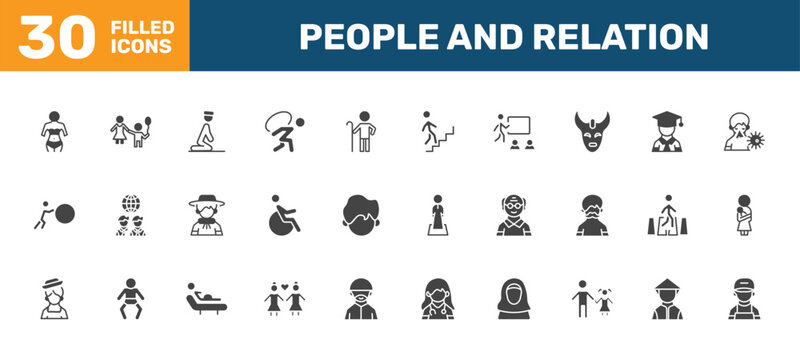 people and relation icon set with seductive, babysitter and child, julus, technician signs in filled style. solid icons for ui, web and printing
