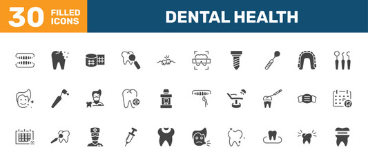 dental health icon set with dentures, holed tooth, gauze, molar crown signs in filled style. solid icons for ui, web and printing © Abstract