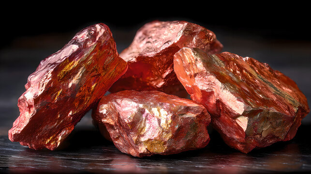 Close up of copper ore raw material,with the ore placed on top of black shale, subtle metallic reflection, emphasizing advanced energy storage materials and strategic mineral significance