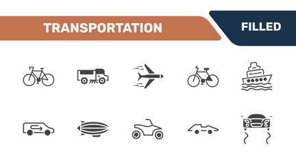 Obraz premium transportation icon set with bikes, road sweeper, airplane flying, stability signs in filled style. solid icons for ui, web and printing