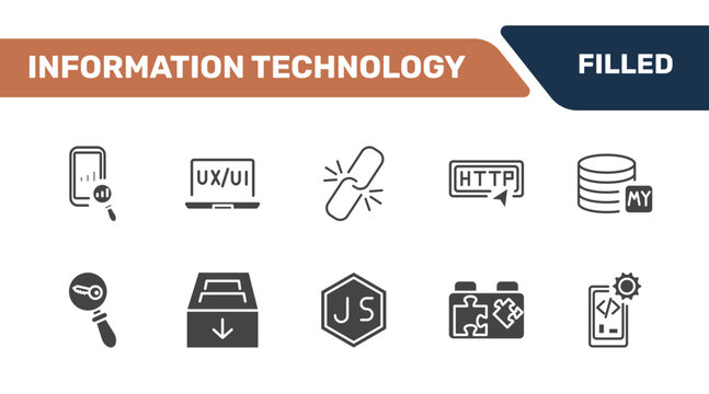 information technology icon set with seo ranking, ux de, broken link, mobile development signs in filled style. solid icons for ui, web and printing