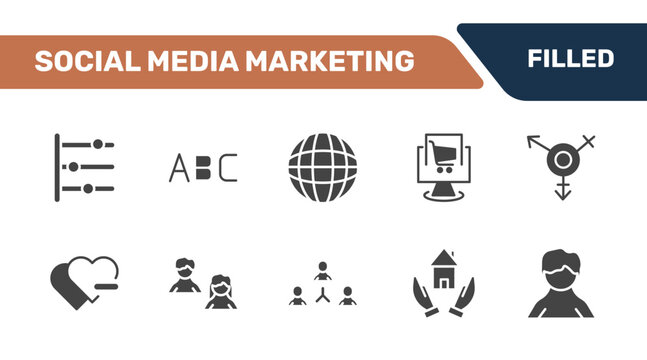 social media marketing icon set with timeline, letters, net, user avatar signs in filled style. solid icons for ui, web and printing