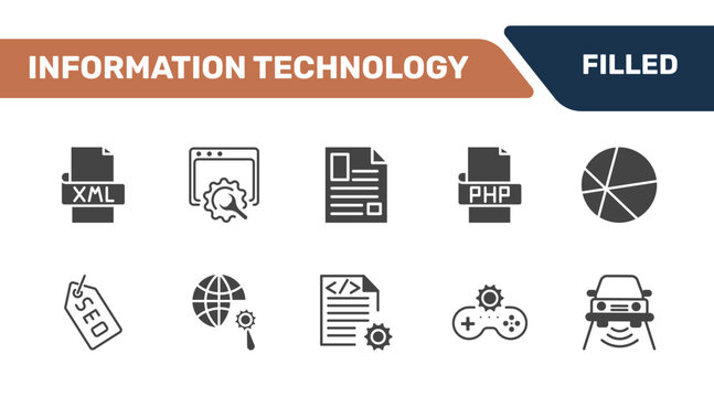 information technology icon set with xml, web optimization, article, smart car signs in filled style. solid icons for ui, web and printing
