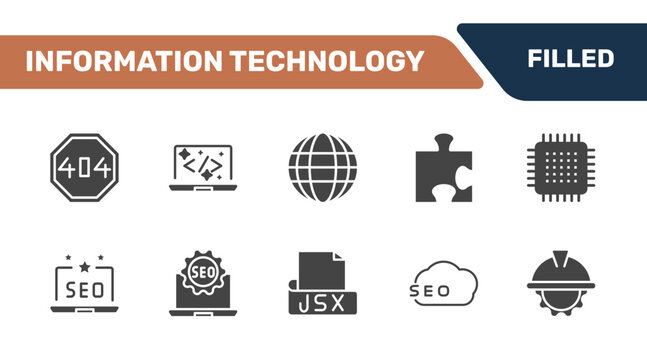 information technology icon set with error 404, clean code, web page, engineering signs in filled style. solid icons for ui, web and printing