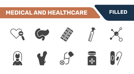 Naklejka premium medical and healthcare icon set with medical heart scan, pancreas, tablets, bandage cross signs in filled style. solid icons for ui, web and printing
