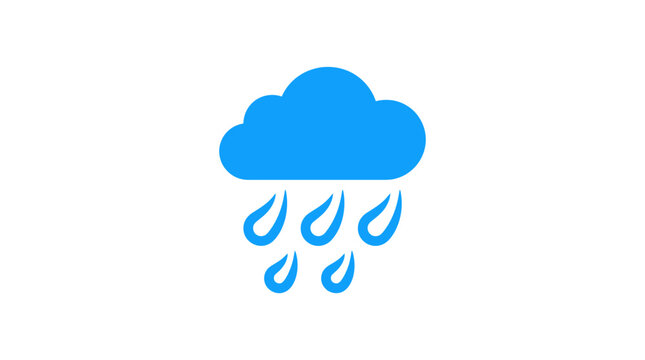 Blue cloud raining water drops icon, weather forecast symbol, isolated on white background
