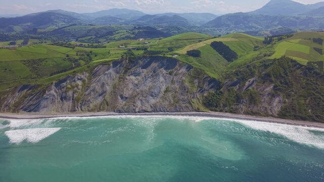 Coastal cliffs and ocean aerial panoramic landscape. Flysch Begiratokia - Baratzazarrak. Deva, Gipuzkoa, Spain.