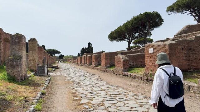 Old Roman Streets in Ostia Antica Italy with Ancient Ruins and Historic City Remains