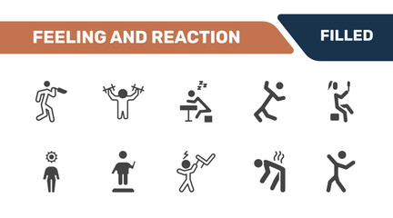 Fototapeta premium feeling and reaction icon set with terrible human, strong human, lazy human, positive signs in filled style. solid icons for ui, web and printing