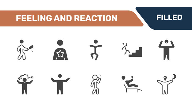 feeling and reaction icon set with awful human, good human, stupid human, horrible signs in filled style. solid icons for ui, web and printing