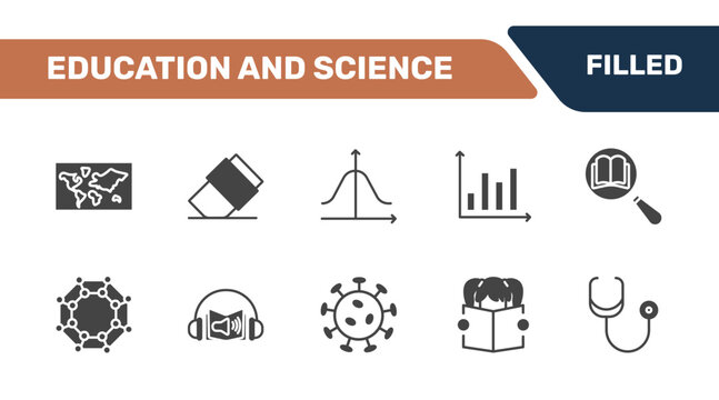 education and science icon set with world map, eraser, gaussian function, cardiology tool signs in filled style. solid icons for ui, web and printing