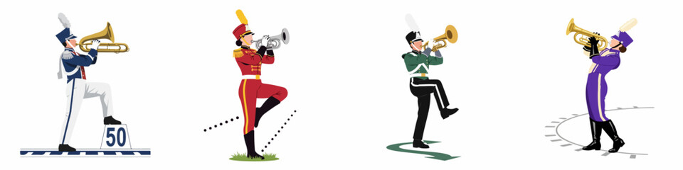 A collection of four diverse marching band performers in colorful uniforms playing brass instruments, depicted in a clean, flat illustration style. © Selfi